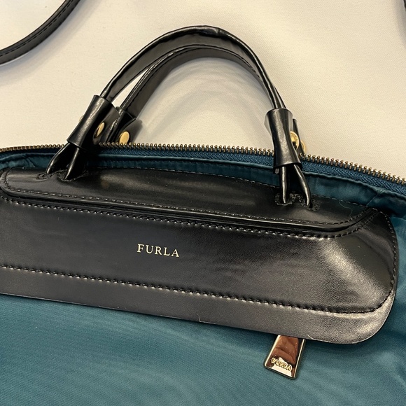 Furla dark green nylon & black leather tote satchel, cross-body, two-way. - Picture 4 of 16